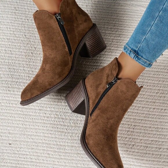 Brown Vegan suede Autumn Almond Toe bootie - Picture 4 of 6